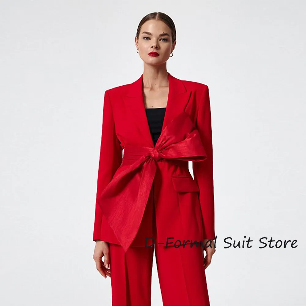 2-Piece High Street Red Suit for Women - Tailored Pointed Lapel Party Tuxedo Pants Set