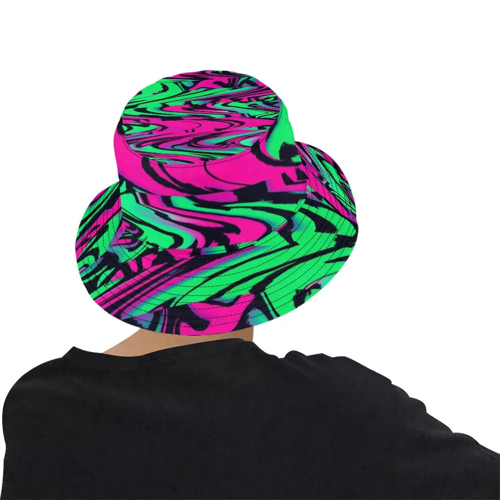 80s Pink and Green Wave Bucket Hat | UV Blacklight Reactive