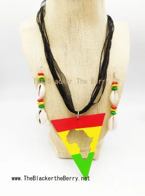 African Rasta Red Yellow Green Jewelry Set - Necklace, Earrings, Cowrie Shell