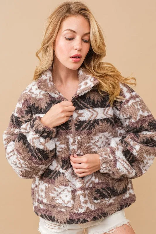 Aztec Teddy Mock Neck Zip Up Pullover - Aztec Teddy Pullover, Mock Neck Zip Up, Aztec Print Teddy Pullover, Zip Up Teddy Pullove