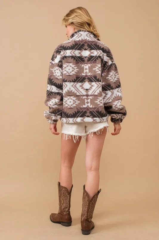 Aztec Teddy Mock Neck Zip Up Pullover - Aztec Teddy Pullover, Mock Neck Zip Up, Aztec Print Teddy Pullover, Zip Up Teddy Pullove