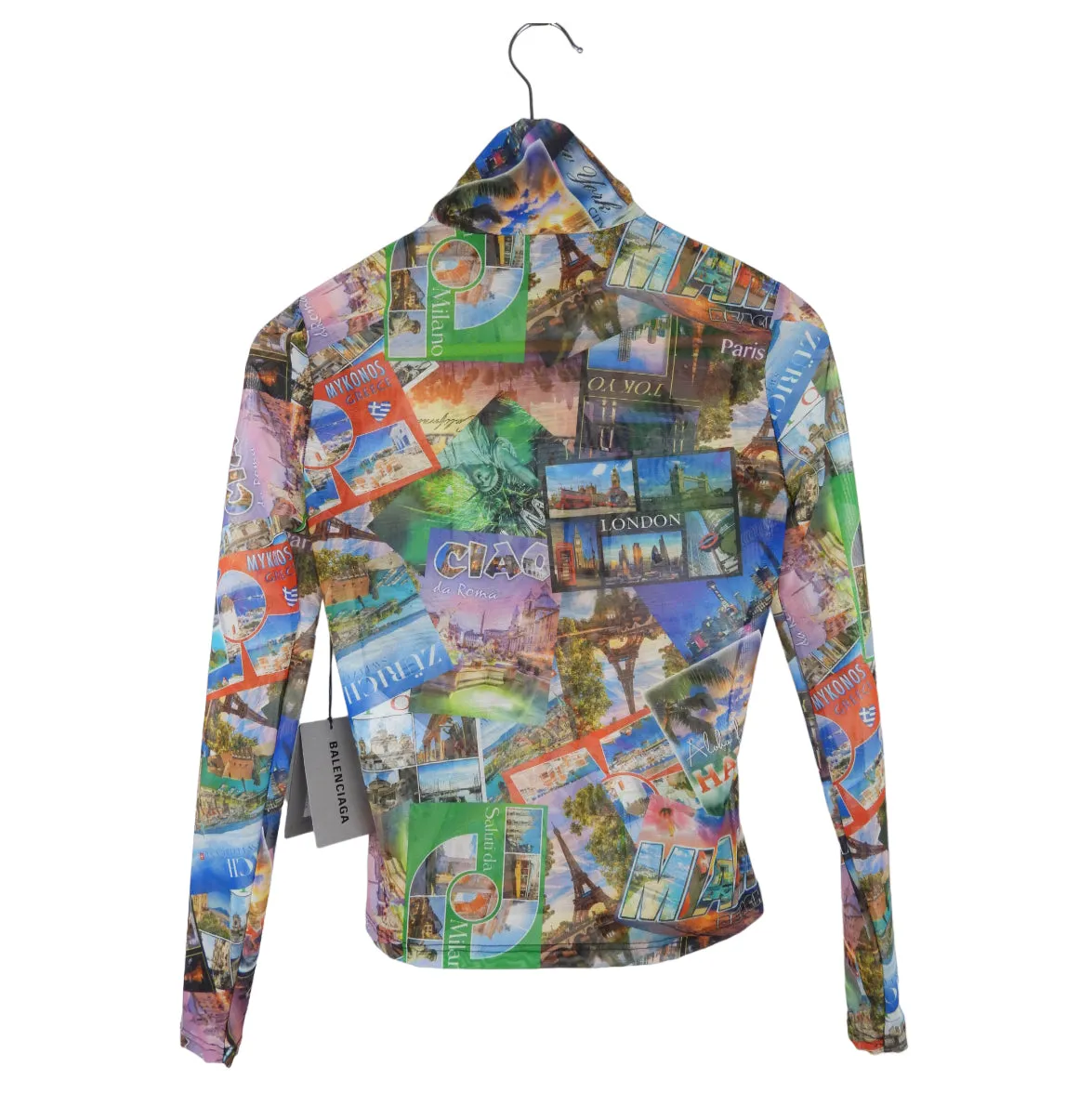 Balenciaga Multicolor Postcard Print Mesh Mock Net Long Sleeve Top - Size 36