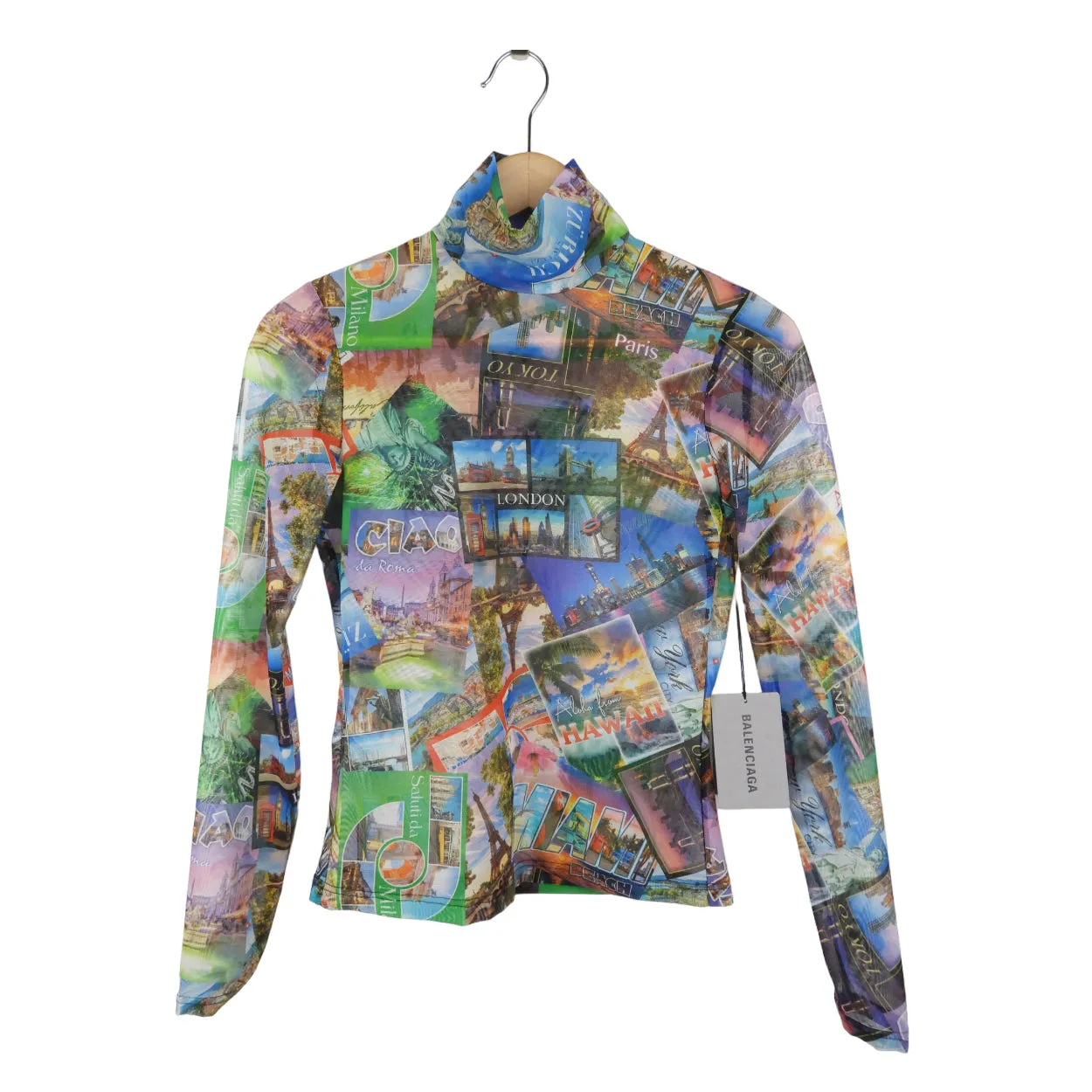 Balenciaga Multicolor Postcard Print Mesh Mock Net Long Sleeve Top - Size 36