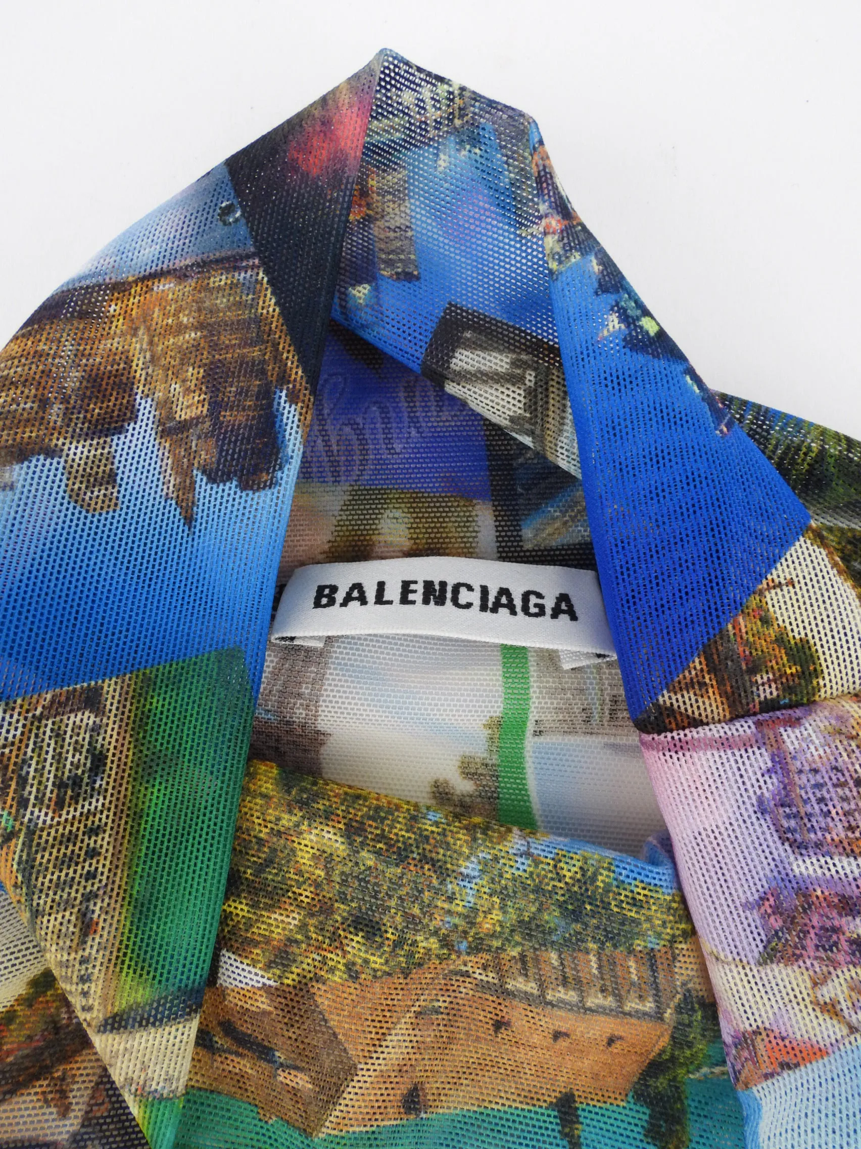 Balenciaga Multicolor Postcard Print Mesh Mock Net Long Sleeve Top - Size 36