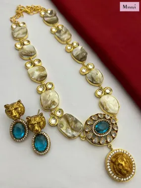 Baroque Necklace Set for Women, Sea Blue Stone Studded - MOE001BNSD