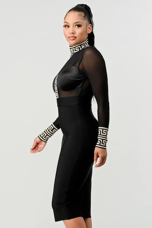 Black Bandage Dress with Greek Key Design, Long Sleeves and Partial Mesh