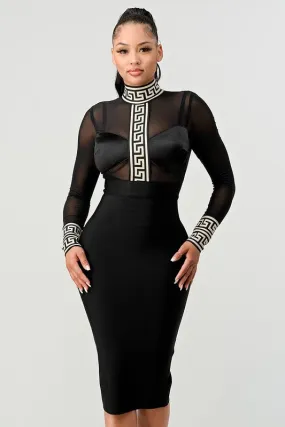 Black Bandage Dress with Greek Key Design, Long Sleeves and Partial Mesh