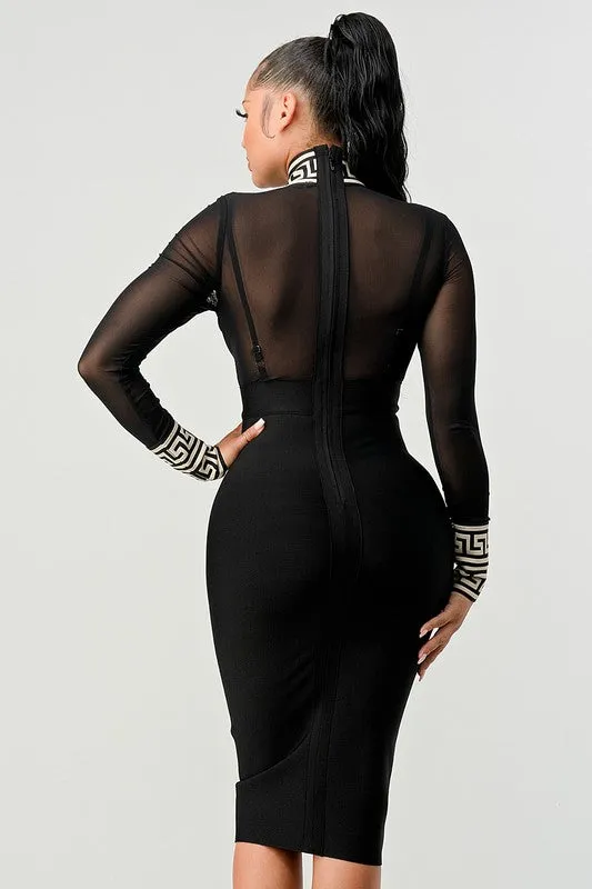 Black Bandage Dress with Greek Key Design, Long Sleeves and Partial Mesh