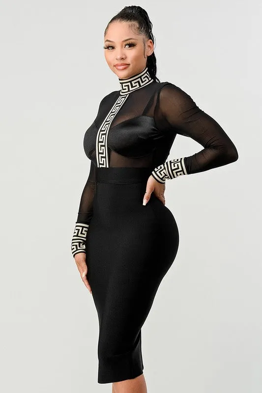 Black Bandage Dress with Greek Key Design, Long Sleeves and Partial Mesh