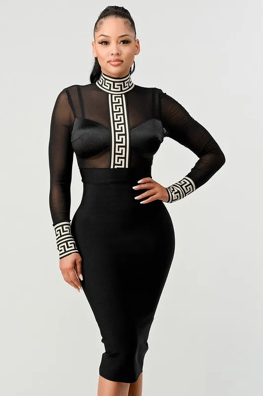 Black Bandage Dress with Greek Key Design, Long Sleeves and Partial Mesh