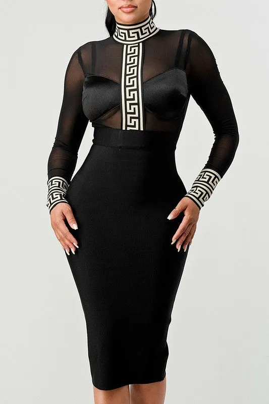 Black Bandage Dress with Greek Key Design, Long Sleeves and Partial Mesh