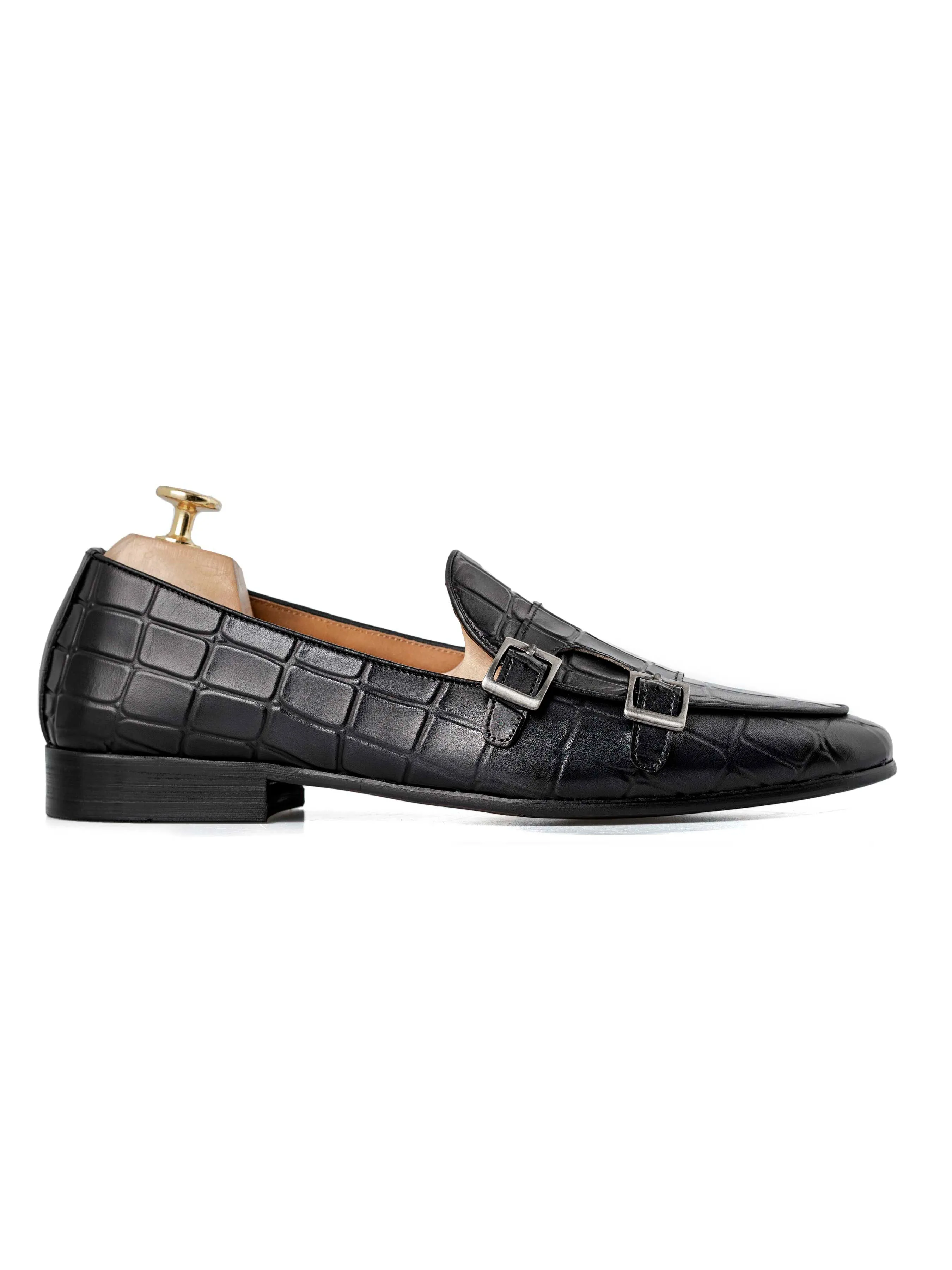 Black Grey Crocodile Double Monk Strap Belgian Loafer - Hand Painted Patina