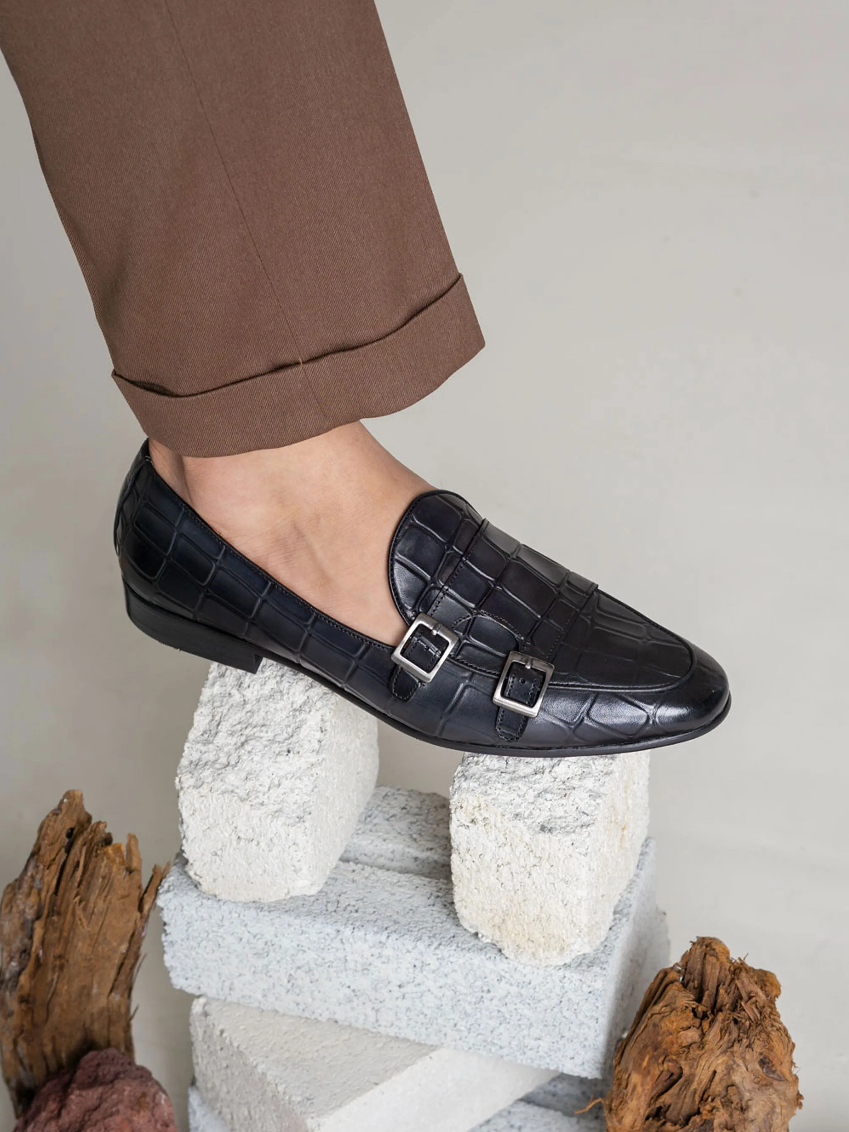 Black Grey Crocodile Double Monk Strap Belgian Loafer - Hand Painted Patina