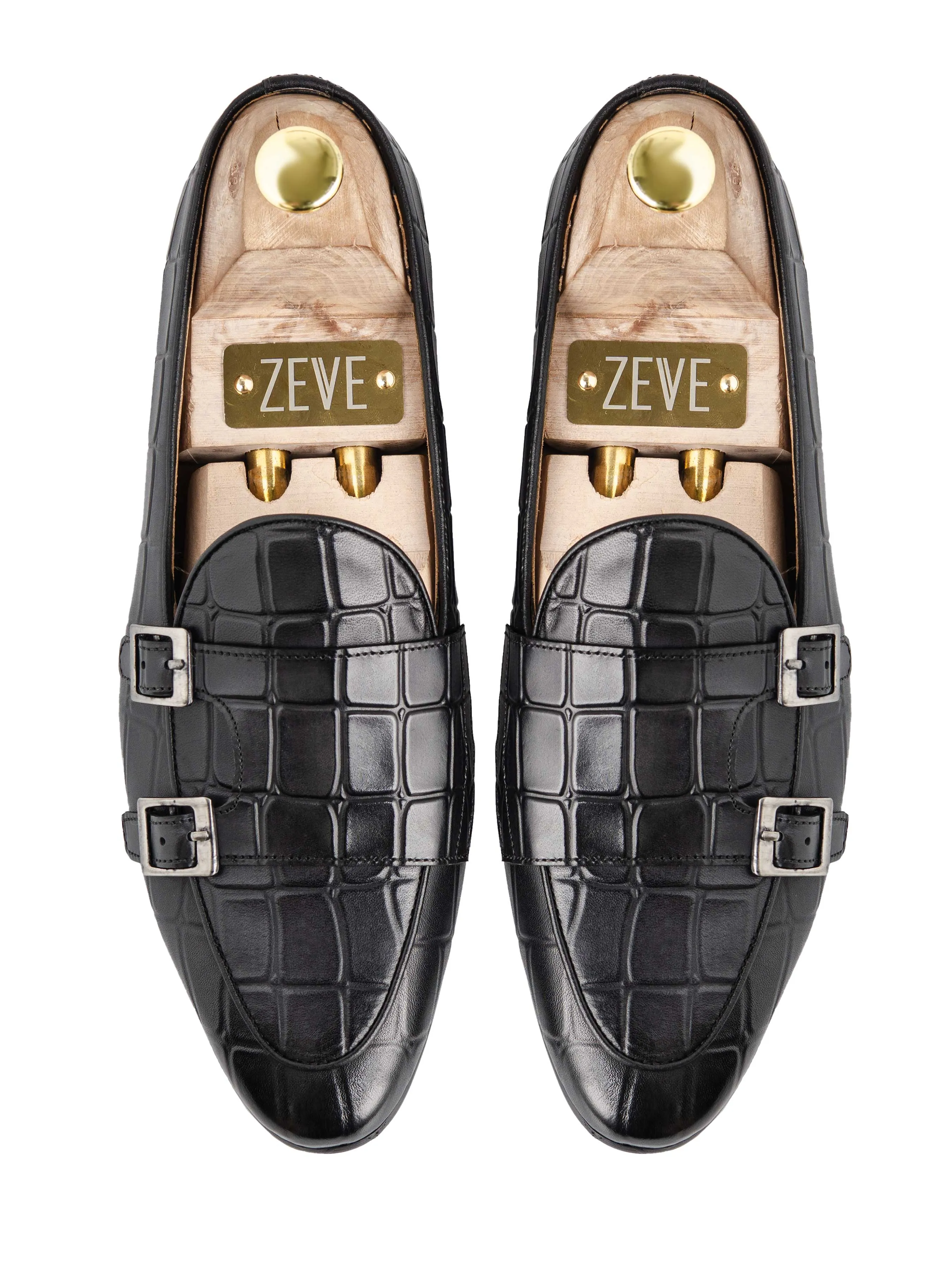 Black Grey Crocodile Double Monk Strap Belgian Loafer - Hand Painted Patina