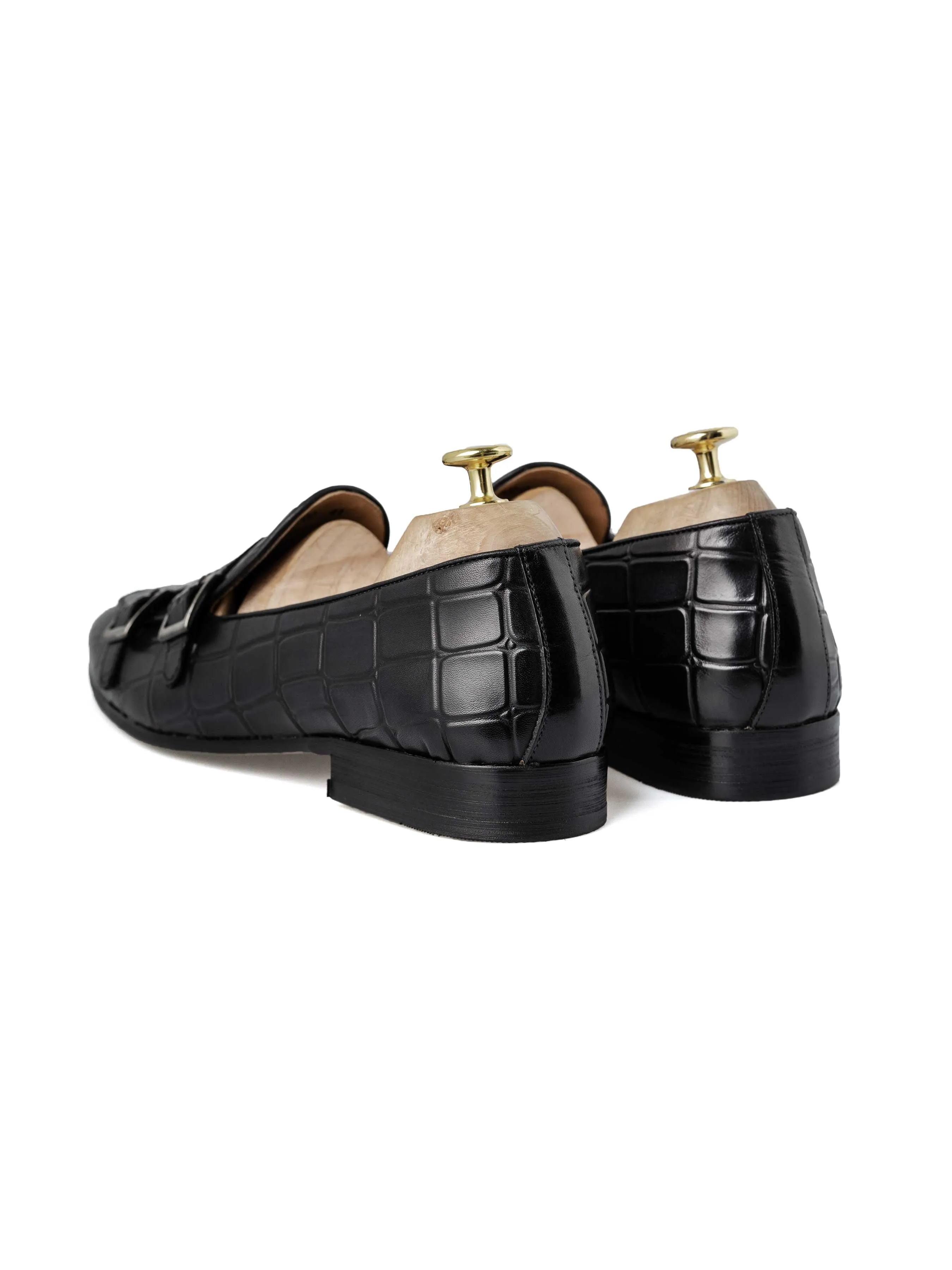 Black Grey Crocodile Double Monk Strap Belgian Loafer - Hand Painted Patina