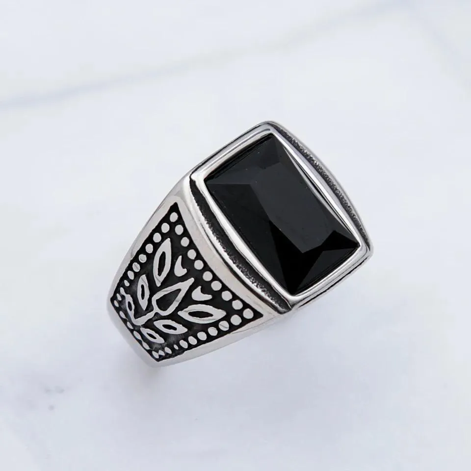 Black Stone Ring Men Punk Stainless Steel Green Red Stone Ring-S2660084