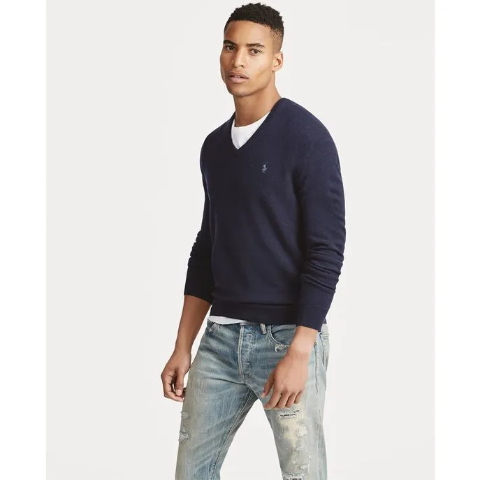 Blue navy V neck pullover lambswool men