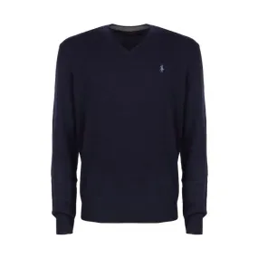 Blue navy V neck pullover lambswool men