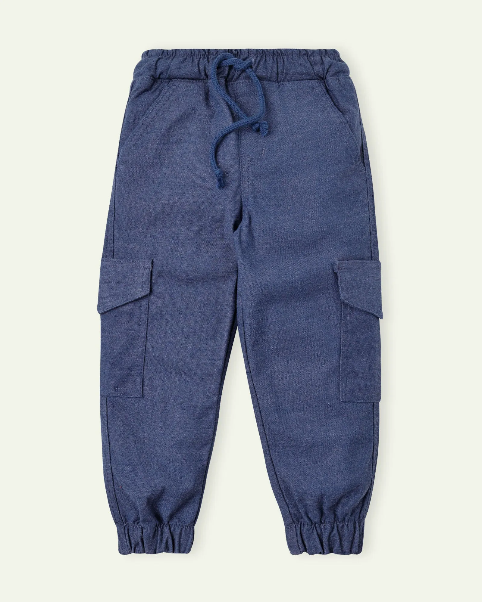 Blue pull up pants with heather finish.