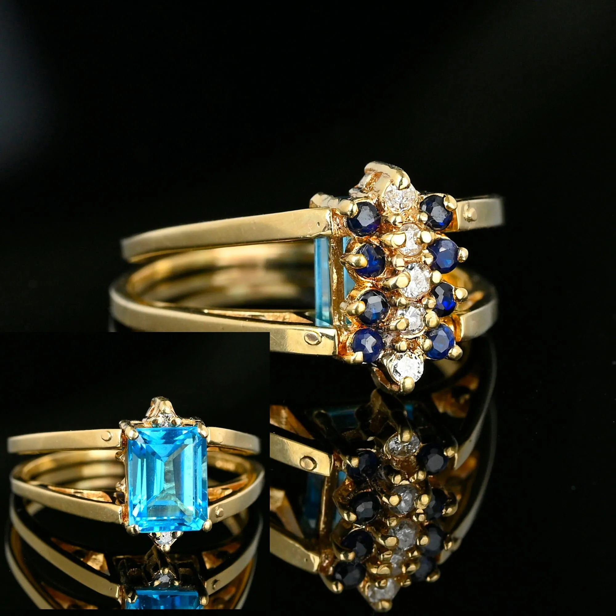 Blue Topaz Sapphire Diamond Cluster Ring 14k Gold Reversible Flip