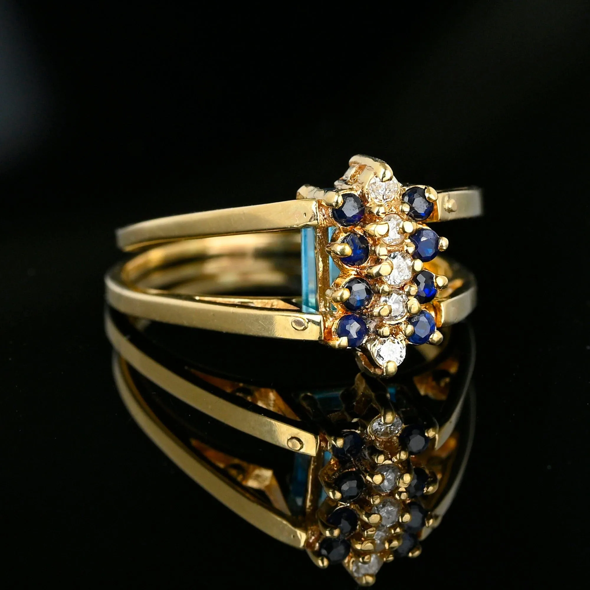 Blue Topaz Sapphire Diamond Cluster Ring 14k Gold Reversible Flip