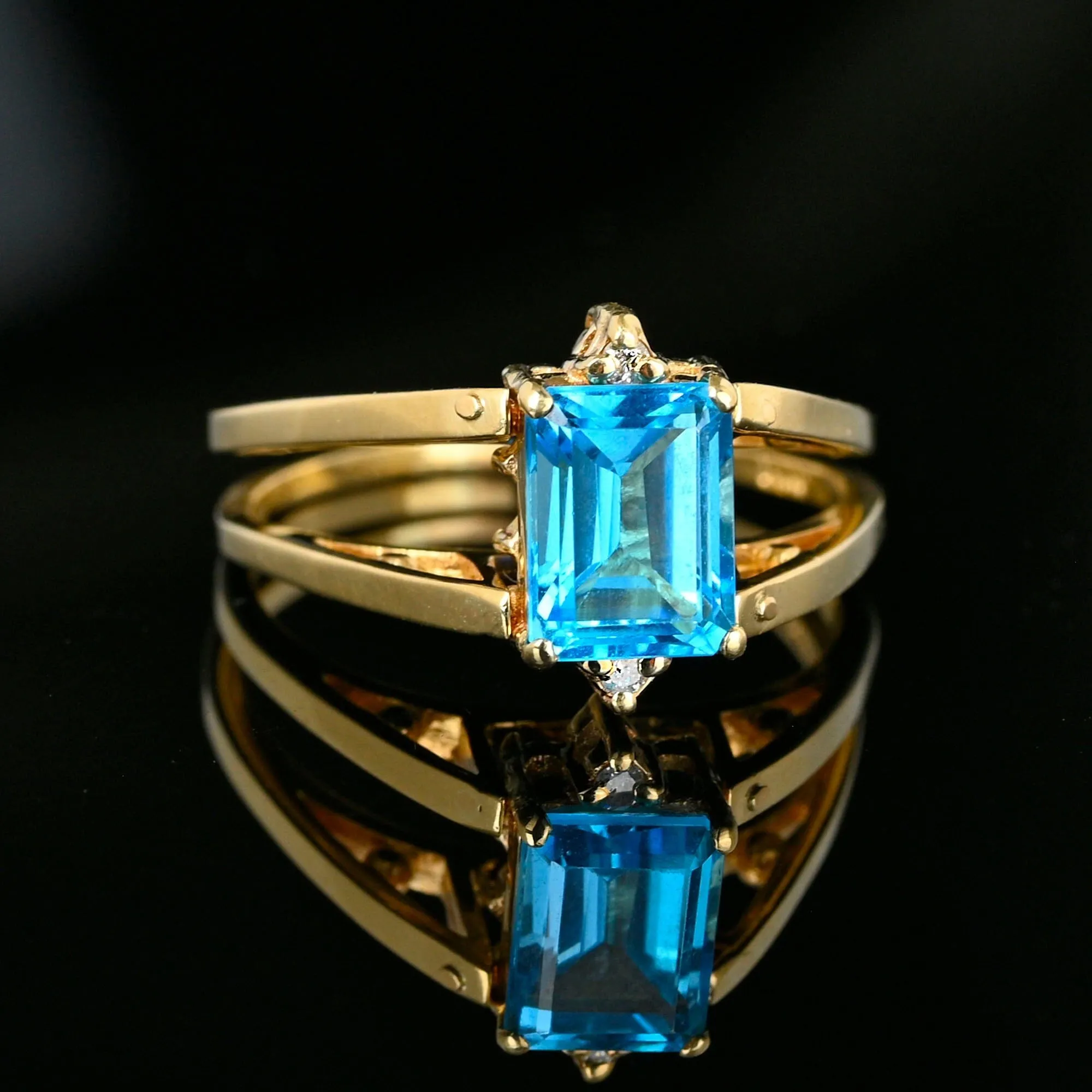 Blue Topaz Sapphire Diamond Cluster Ring 14k Gold Reversible Flip