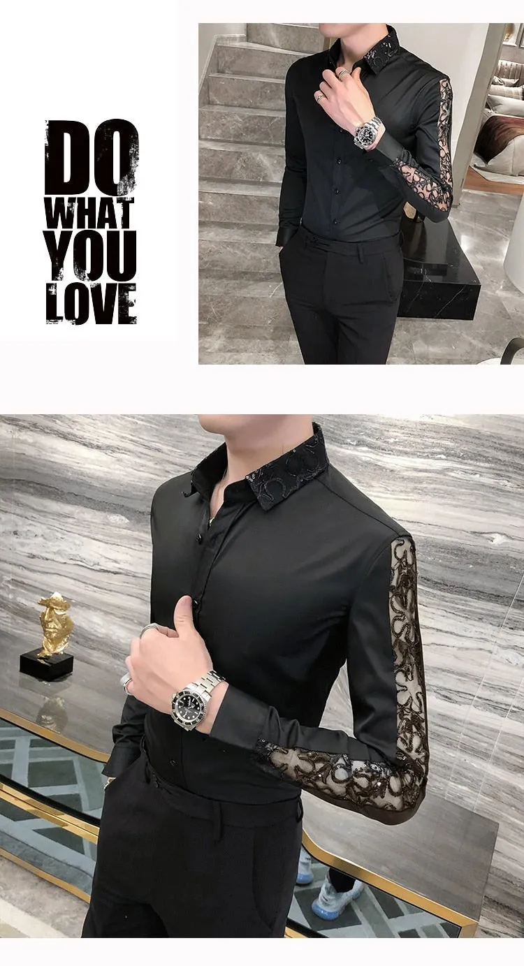 British style long sleeve shirt lace slim fit men's casual streetwear.