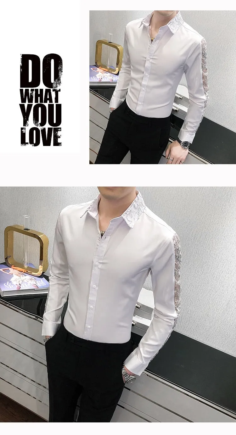 British style long sleeve shirt lace slim fit men's casual streetwear.