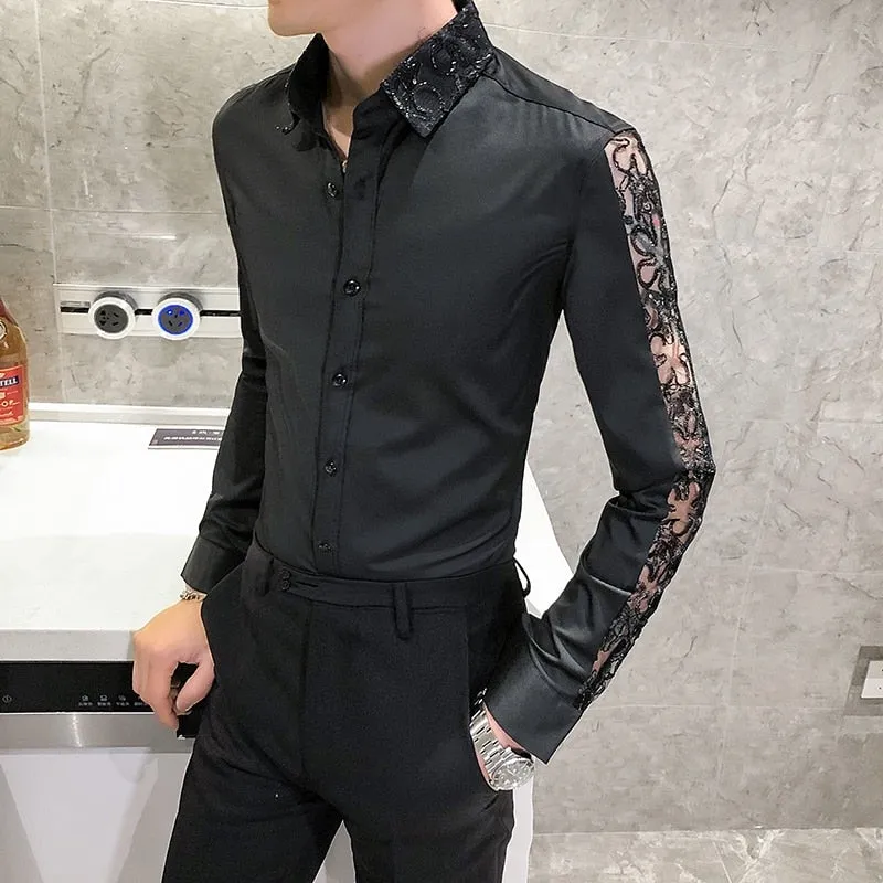 British style long sleeve shirt lace slim fit men's casual streetwear.