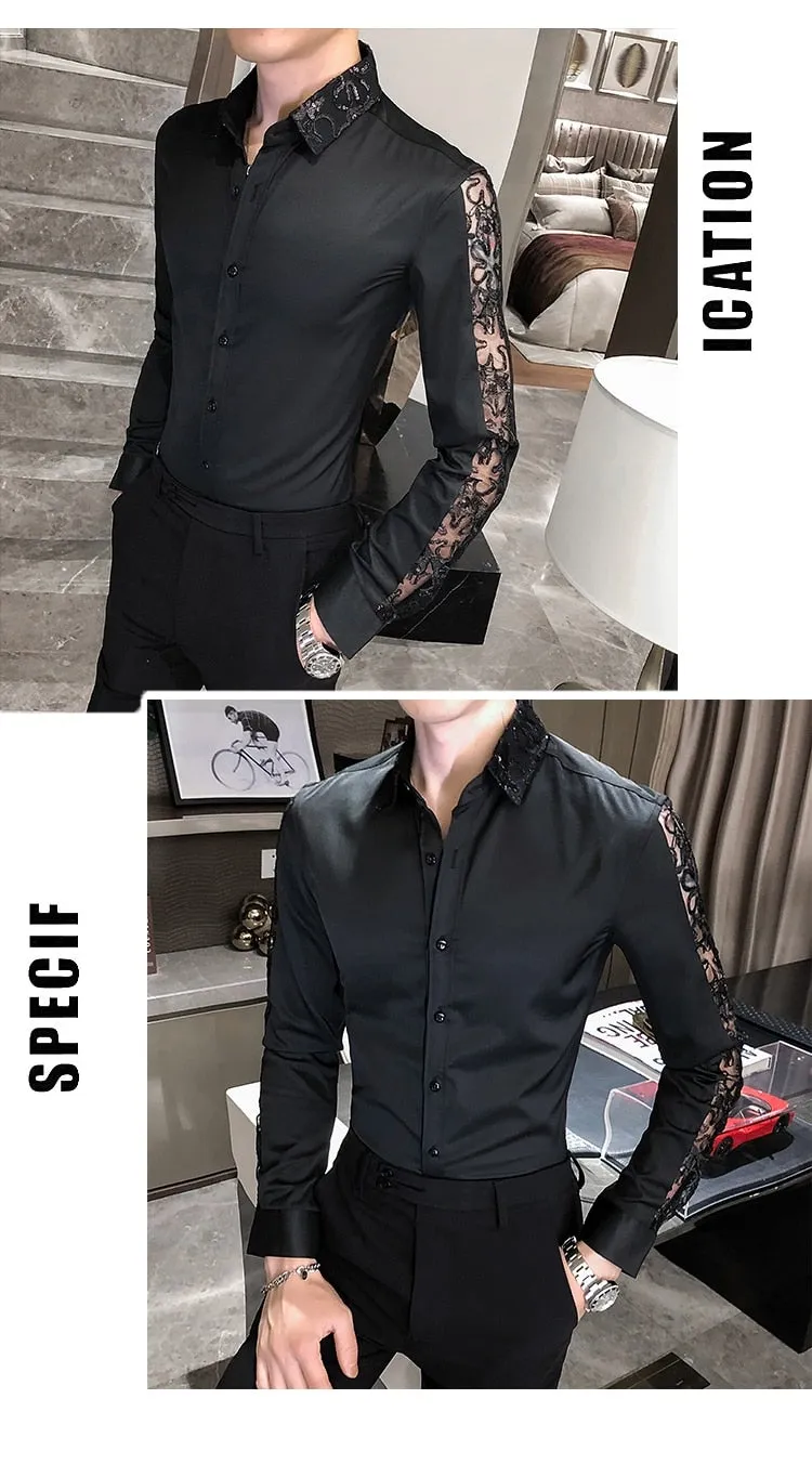 British style long sleeve shirt lace slim fit men's casual streetwear.