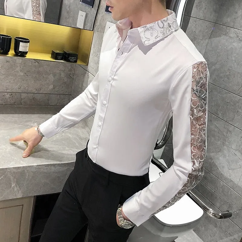 British style long sleeve shirt lace slim fit men's casual streetwear.