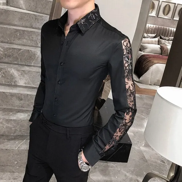 British style long sleeve shirt lace slim fit men's casual streetwear.