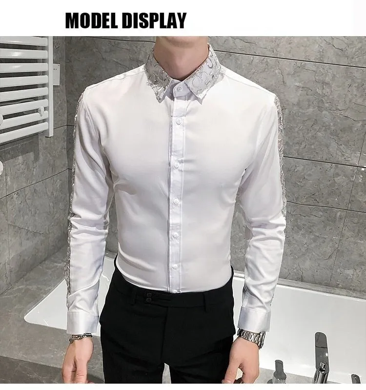 British style long sleeve shirt lace slim fit men's casual streetwear.