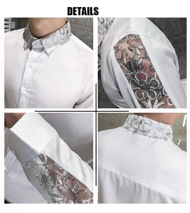 British style long sleeve shirt lace slim fit men's casual streetwear.