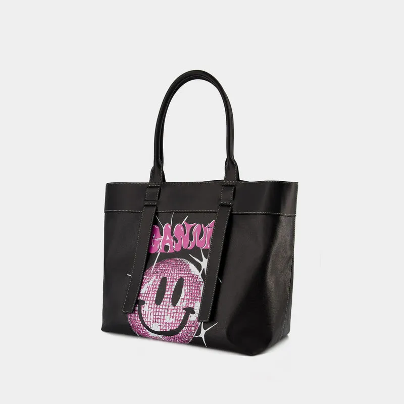 Canvas Medium Tote Bag - Ganni -  Phantom - Leather