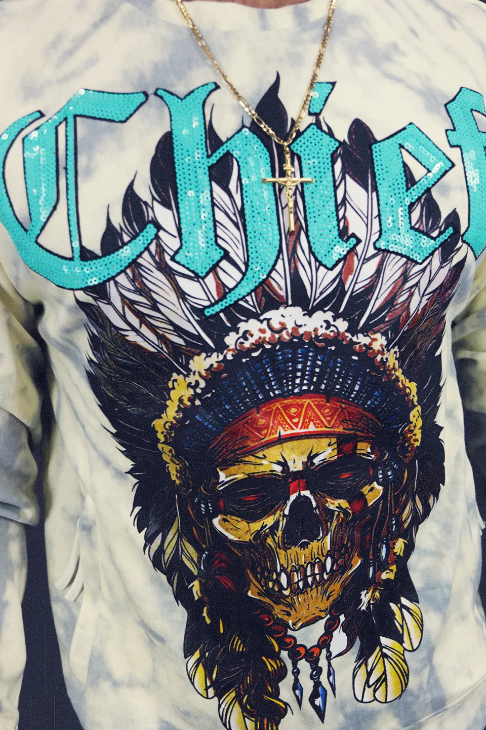 Chieftain Skull Hype Beast Streetwear Sequin crewneck sweatshirt - Men's | Yellow Grey Tie Dye