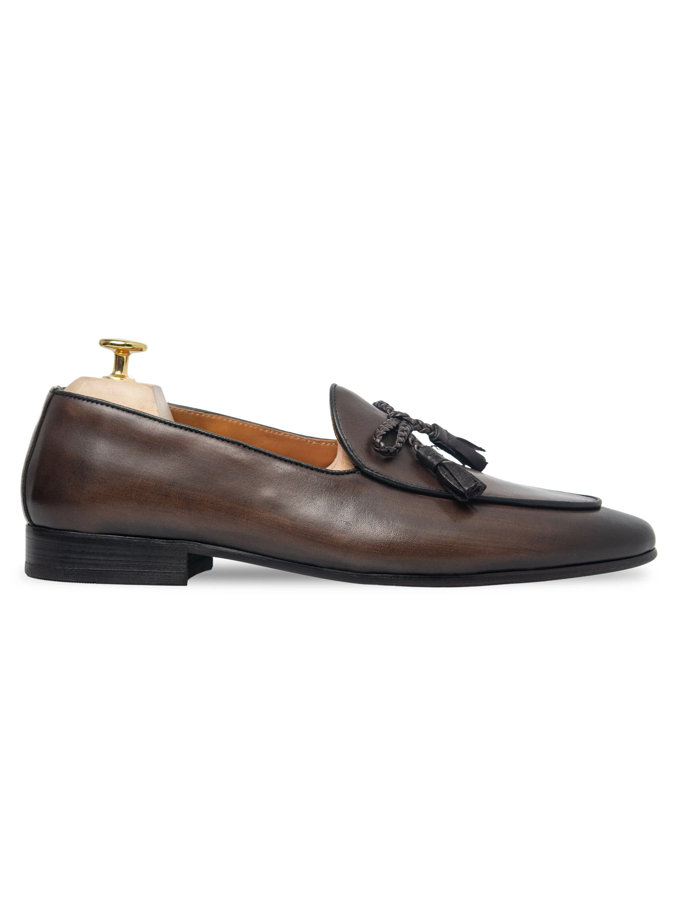 Dark Brown Belgian Loafer with Hand Painted Patina - Ribbon Tassel