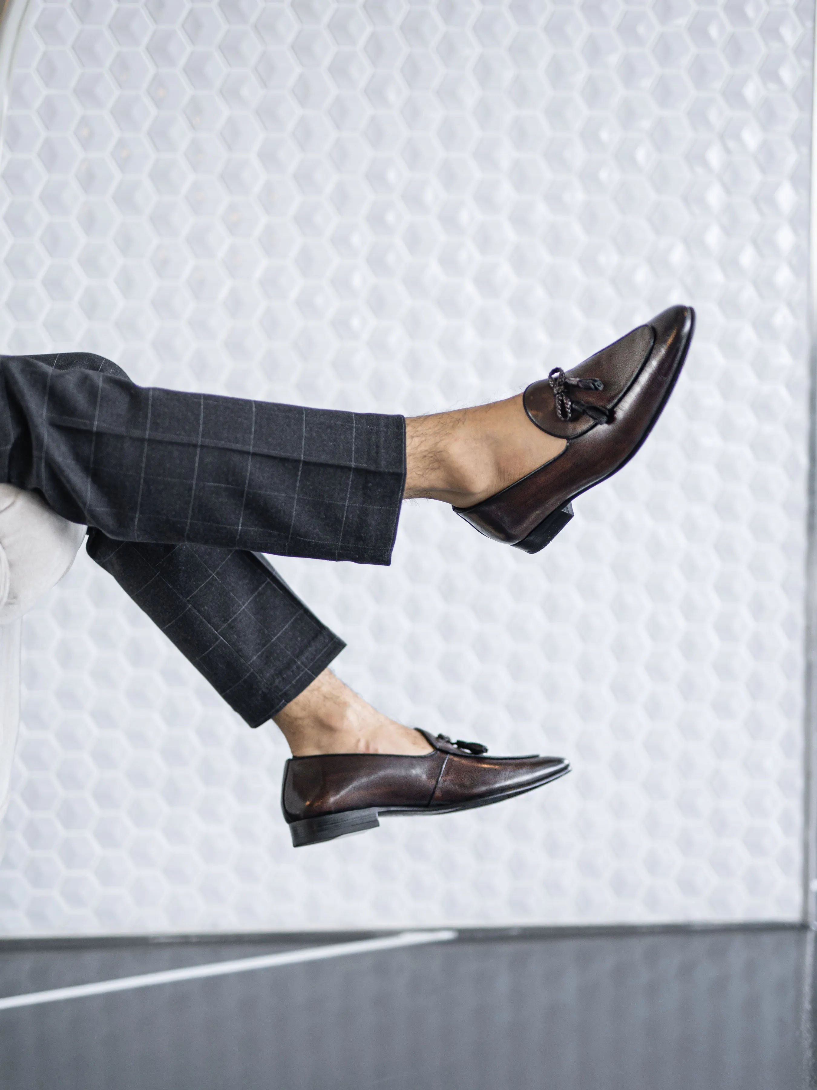 Dark Brown Belgian Loafer with Hand Painted Patina - Ribbon Tassel