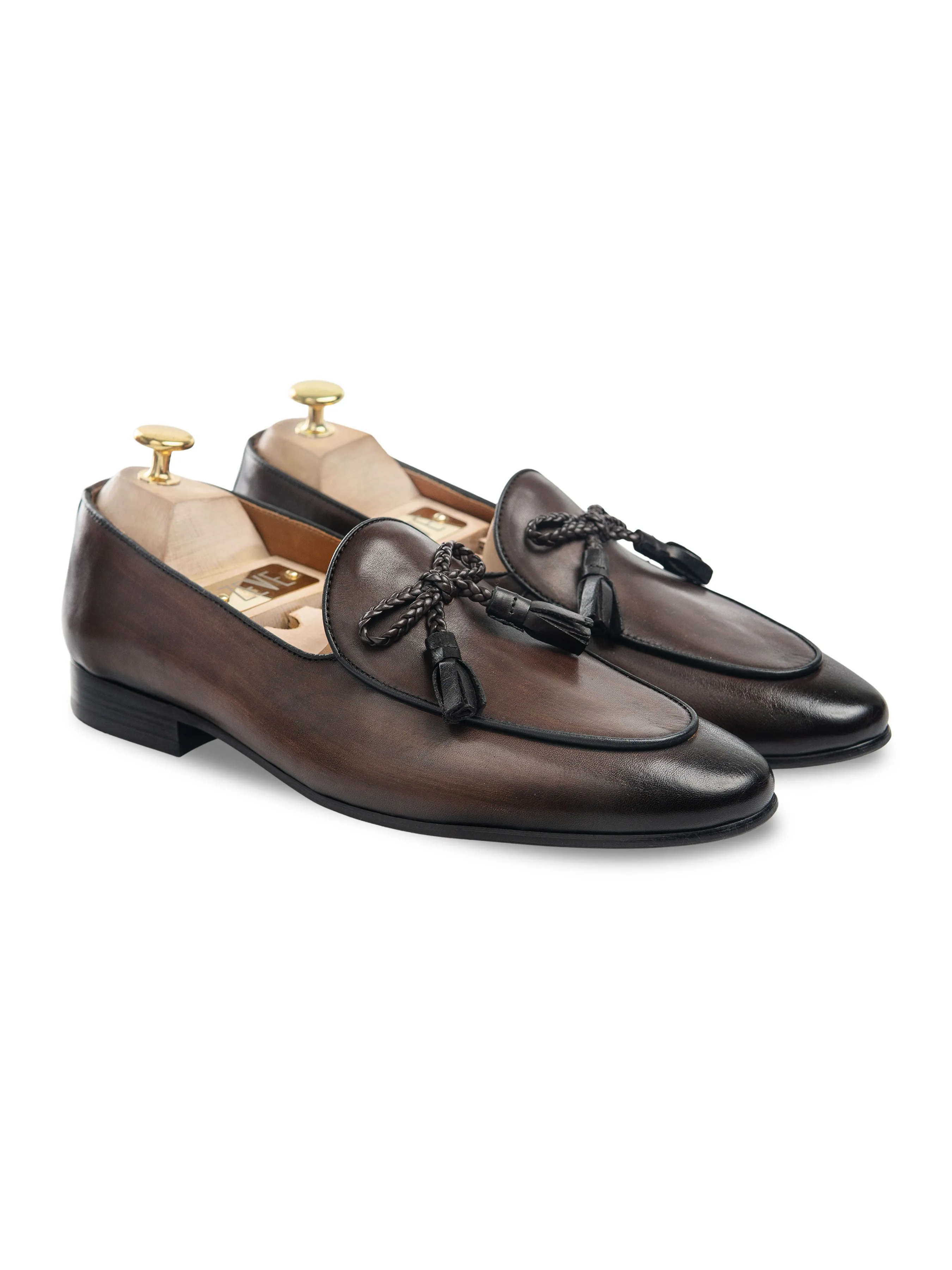 Dark Brown Belgian Loafer with Hand Painted Patina - Ribbon Tassel