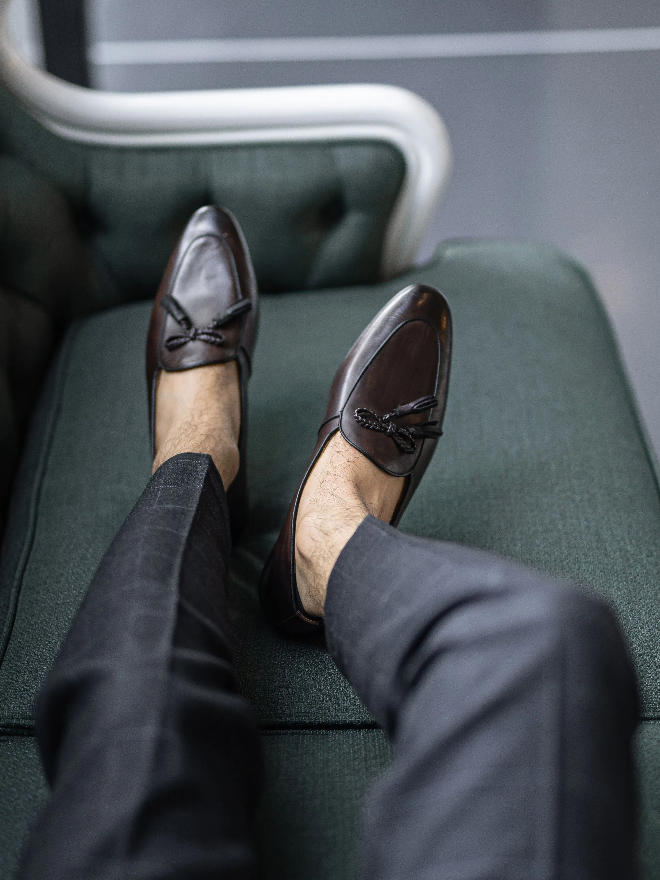 Dark Brown Belgian Loafer with Hand Painted Patina - Ribbon Tassel