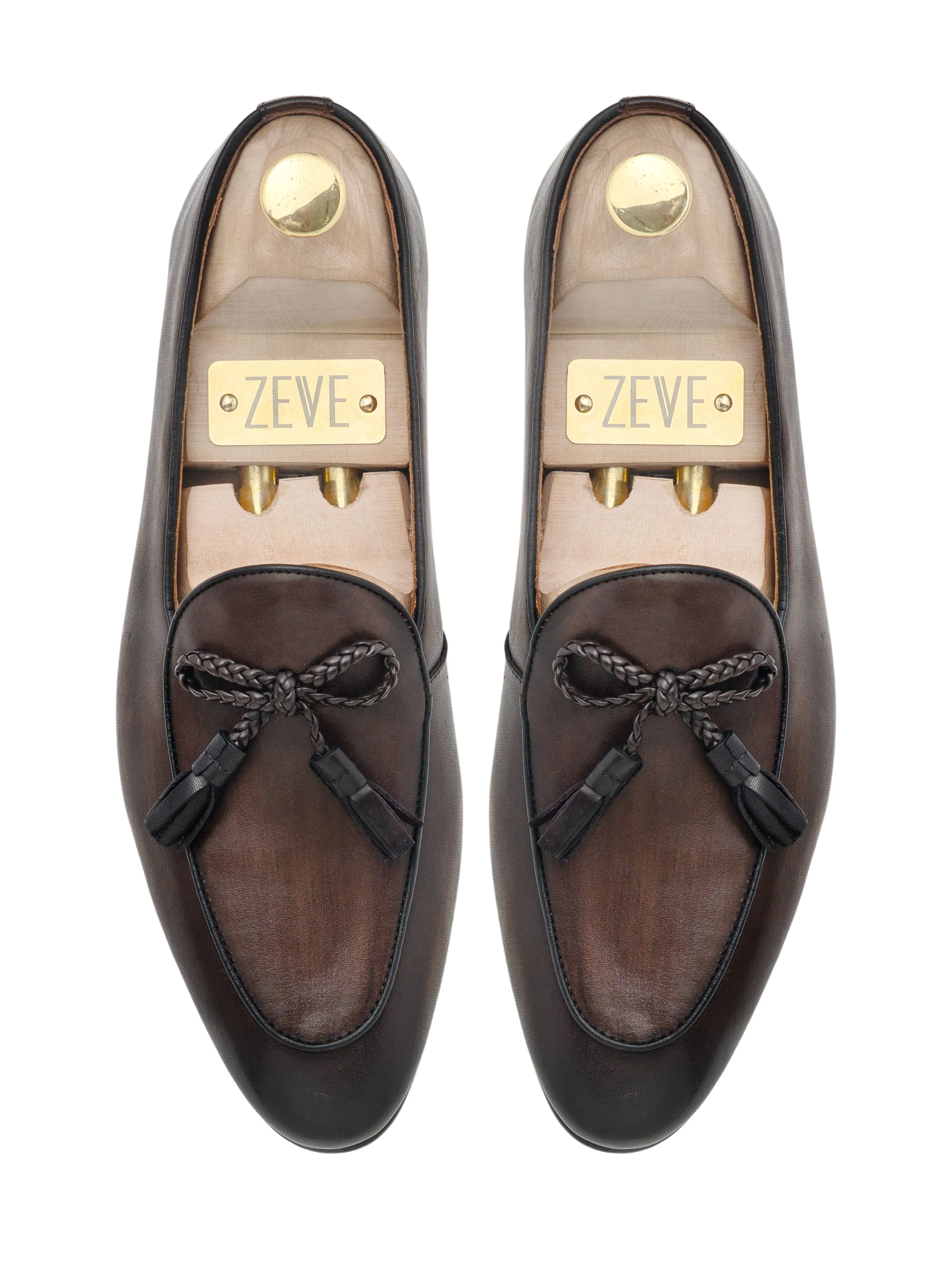 Dark Brown Belgian Loafer with Hand Painted Patina - Ribbon Tassel