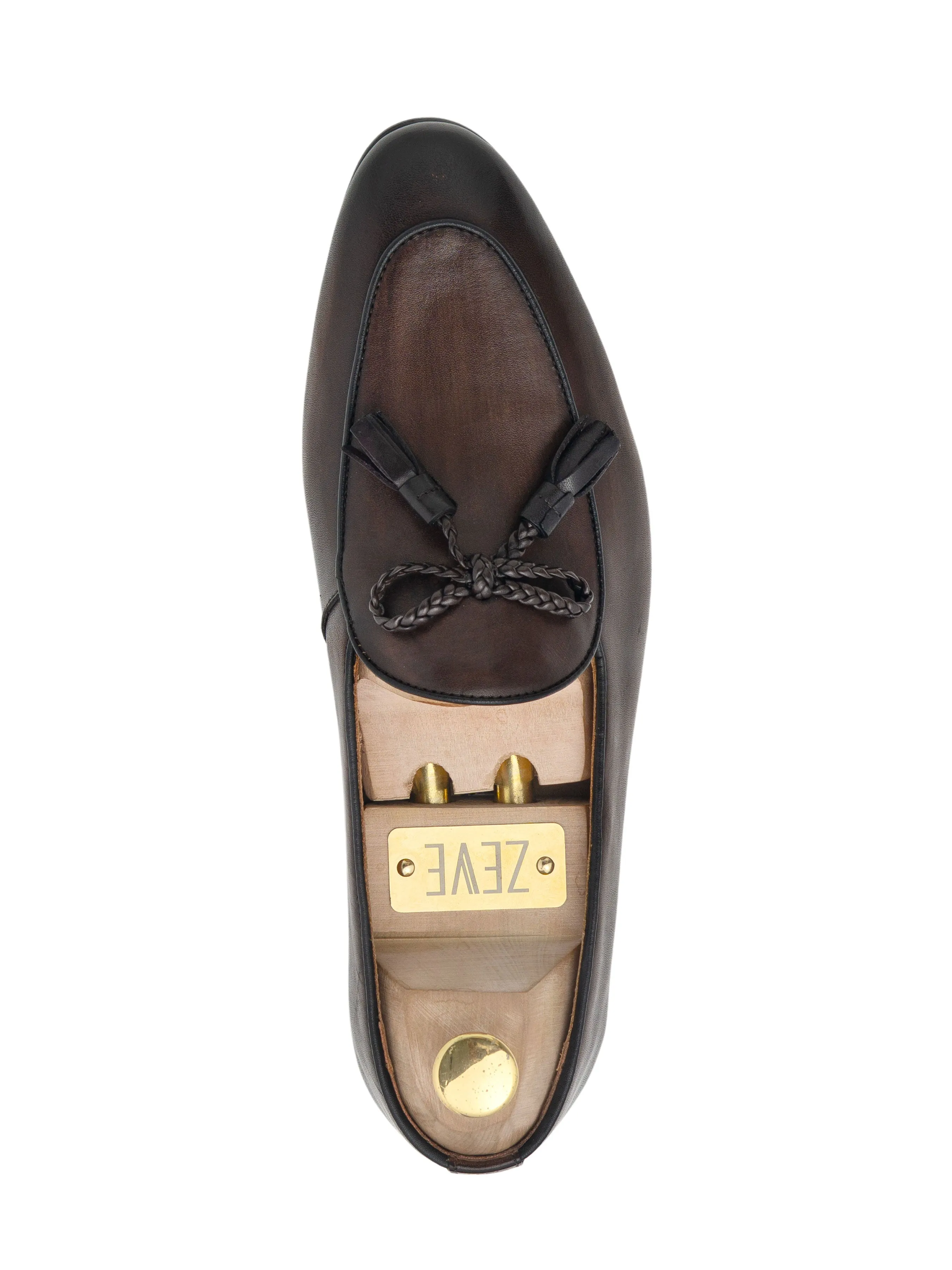 Dark Brown Belgian Loafer with Hand Painted Patina - Ribbon Tassel