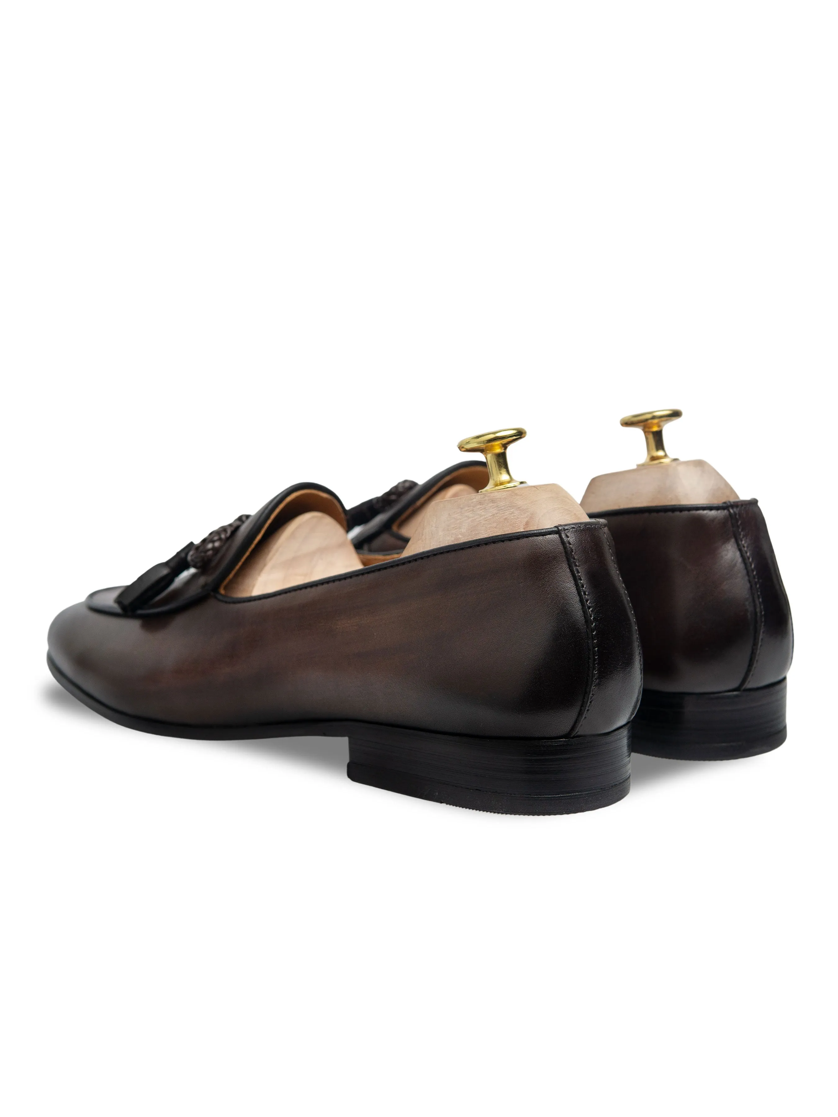 Dark Brown Belgian Loafer with Hand Painted Patina - Ribbon Tassel