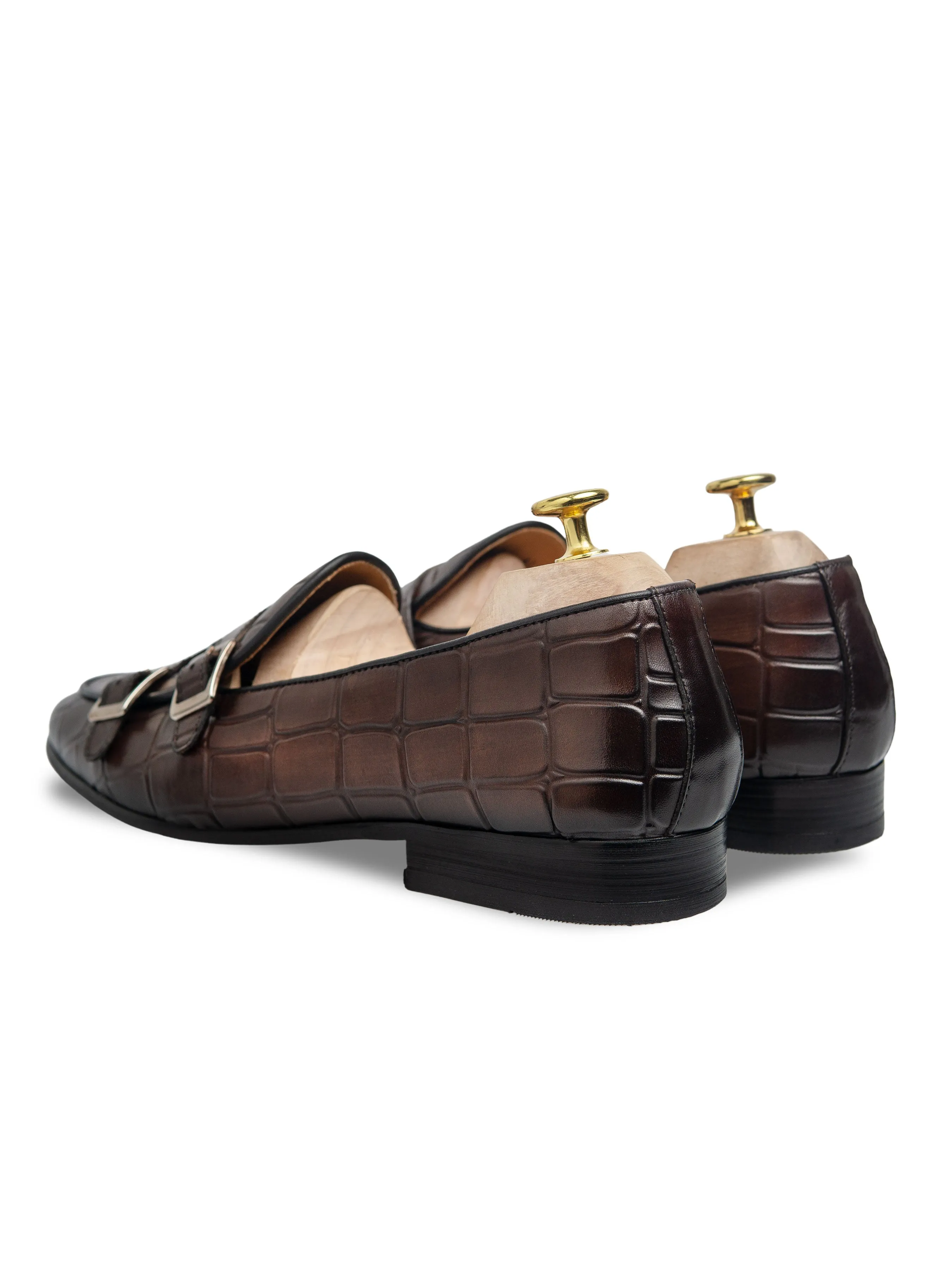 Dark Brown Croco Double Monk Strap Belgian Loafer