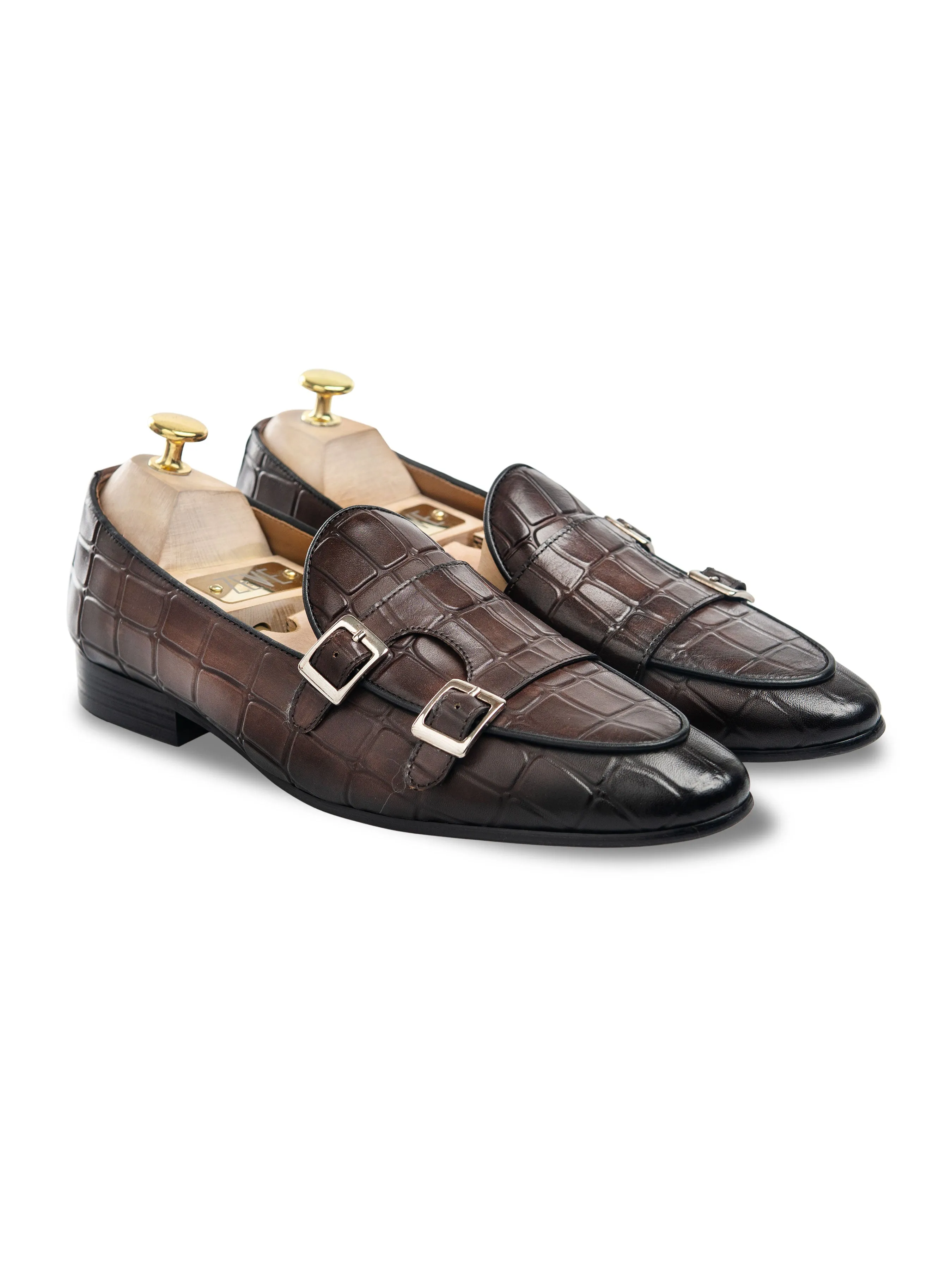 Dark Brown Croco Double Monk Strap Belgian Loafer