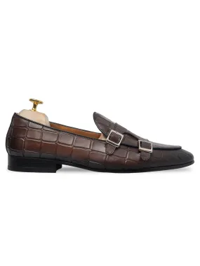 Dark Brown Croco Double Monk Strap Belgian Loafer