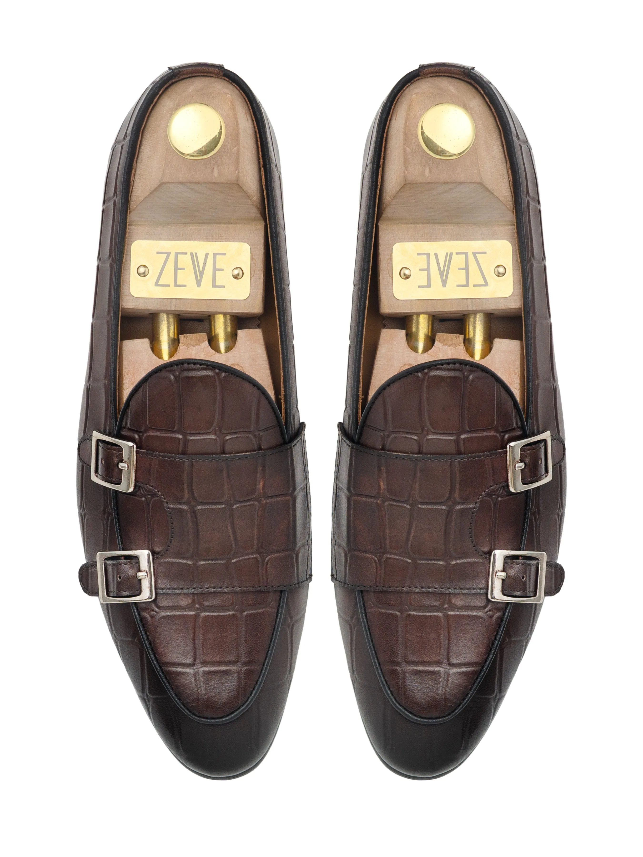 Dark Brown Croco Double Monk Strap Belgian Loafer