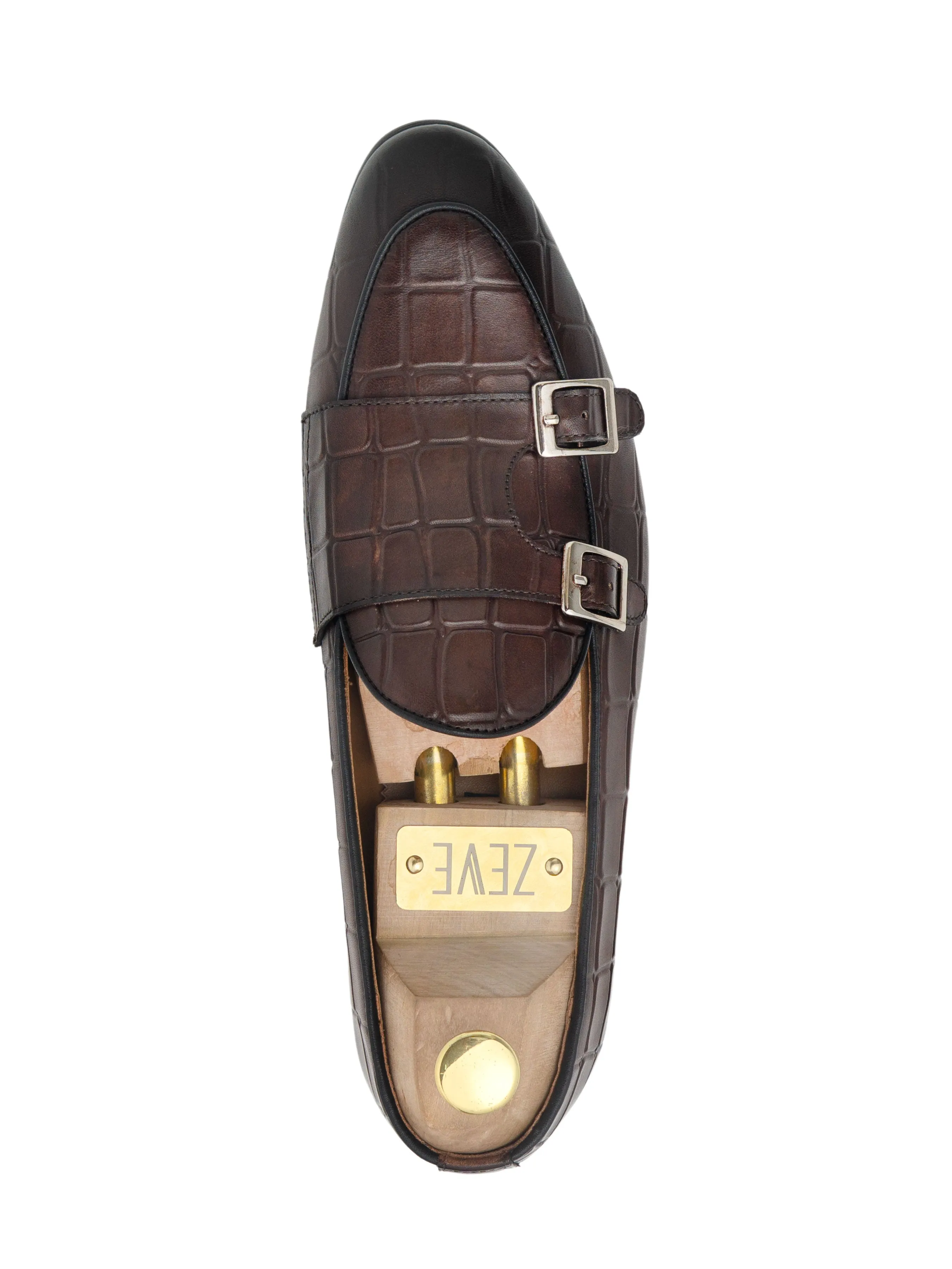 Dark Brown Croco Double Monk Strap Belgian Loafer