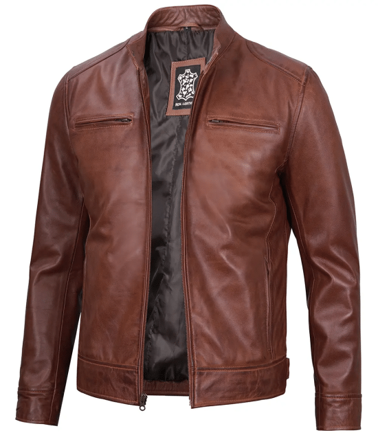 Dodge Men's Cognac Cafe Racer Leather Jacket