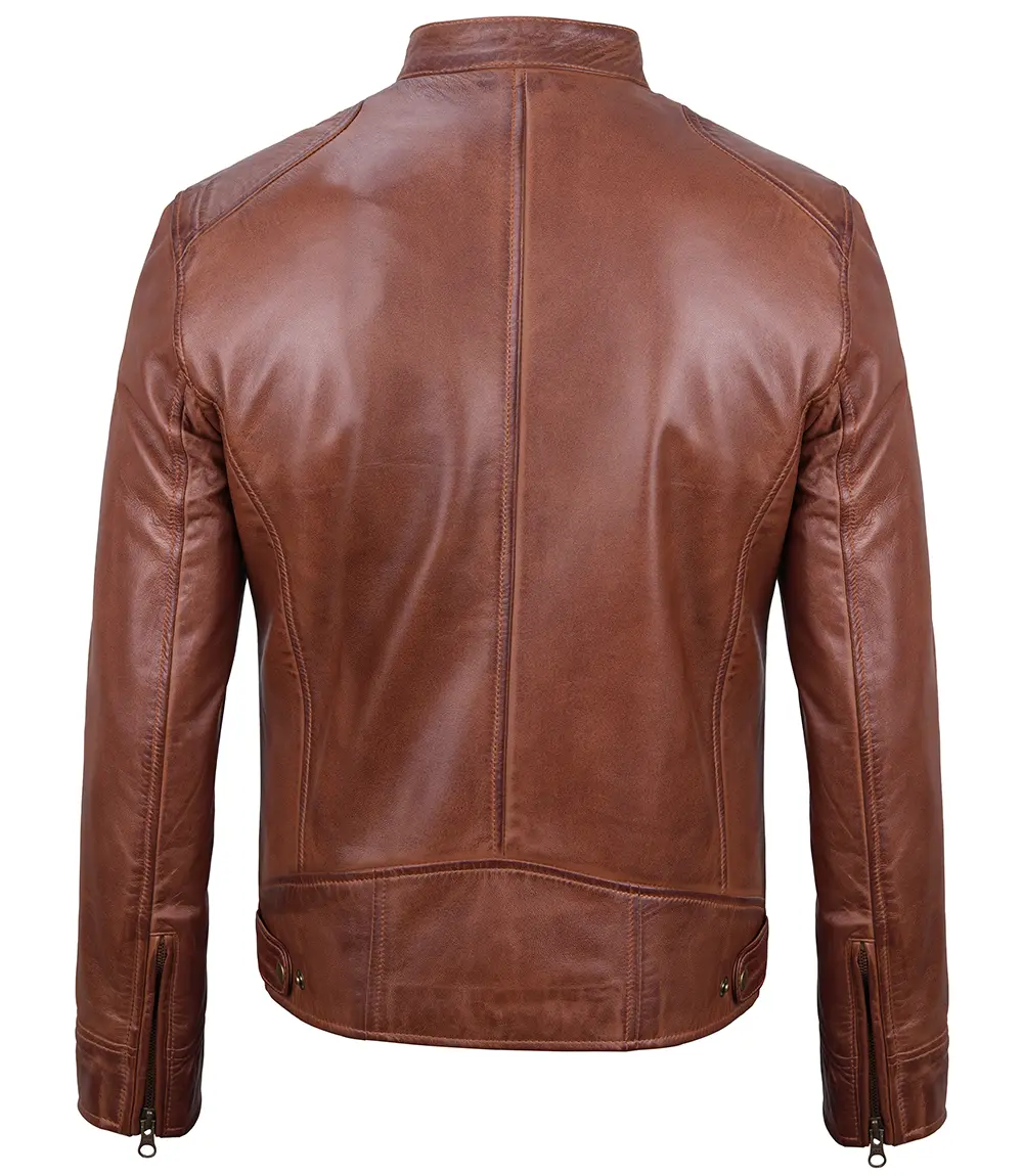 Dodge Men's Cognac Cafe Racer Leather Jacket